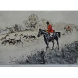 HENRY WILKINSON The Fox Hunt Coloured Etching Signed Unframed 28 x 40.5cm