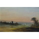 19th Century British School Sunset The Fram? Hills and Castle On The Loch A pair of oils on card