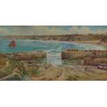 DOUGLAS HOUZEN PINDER (1886-1949) Newquay Harbour Watercolour Signed 19.5 x 37cm