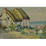 J. HESELDIN Thatched Cottages Watercolour Signed 15.5 x 22cm
