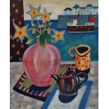 TOM WINTERS (20th Century British) Still Life with Harbour Scene Beyond Oil on canvas Signed 30 x