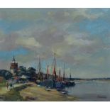 PHYLLIS MAY MORGANS (1911-2001) Thames Barges at Malden, Essex Oil on panel Signed 23.5 x 28cm