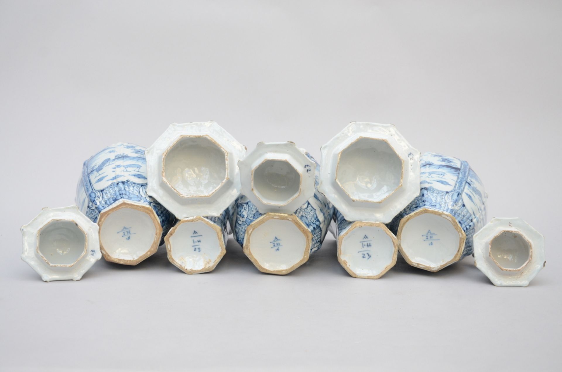 A five-piece blue and white set in Delft earthenware with chinoiserie decoration, 18th century ( - Image 5 of 6