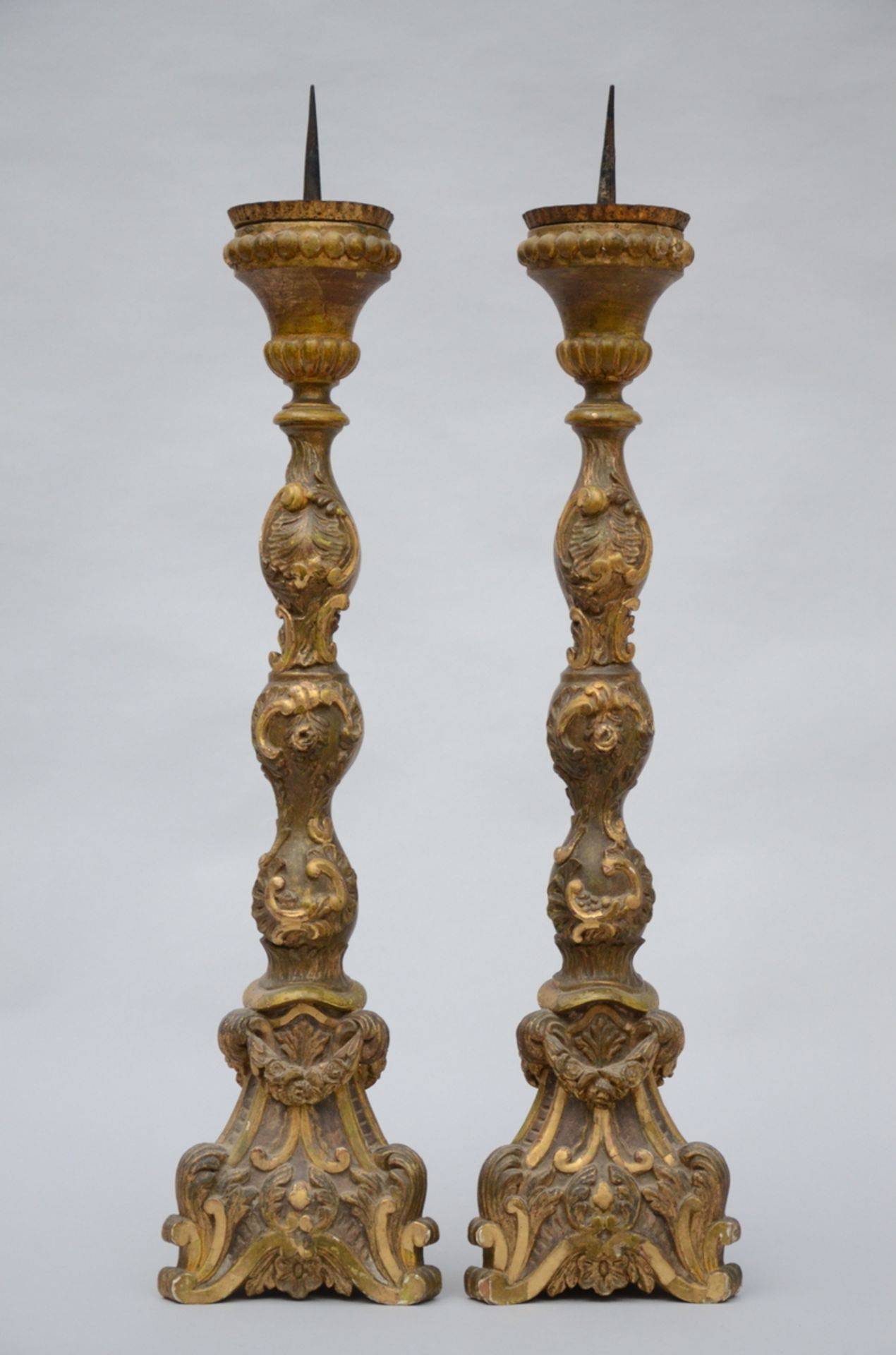 A pair of Rococco candlesticks in polychrome wood (72 cm)