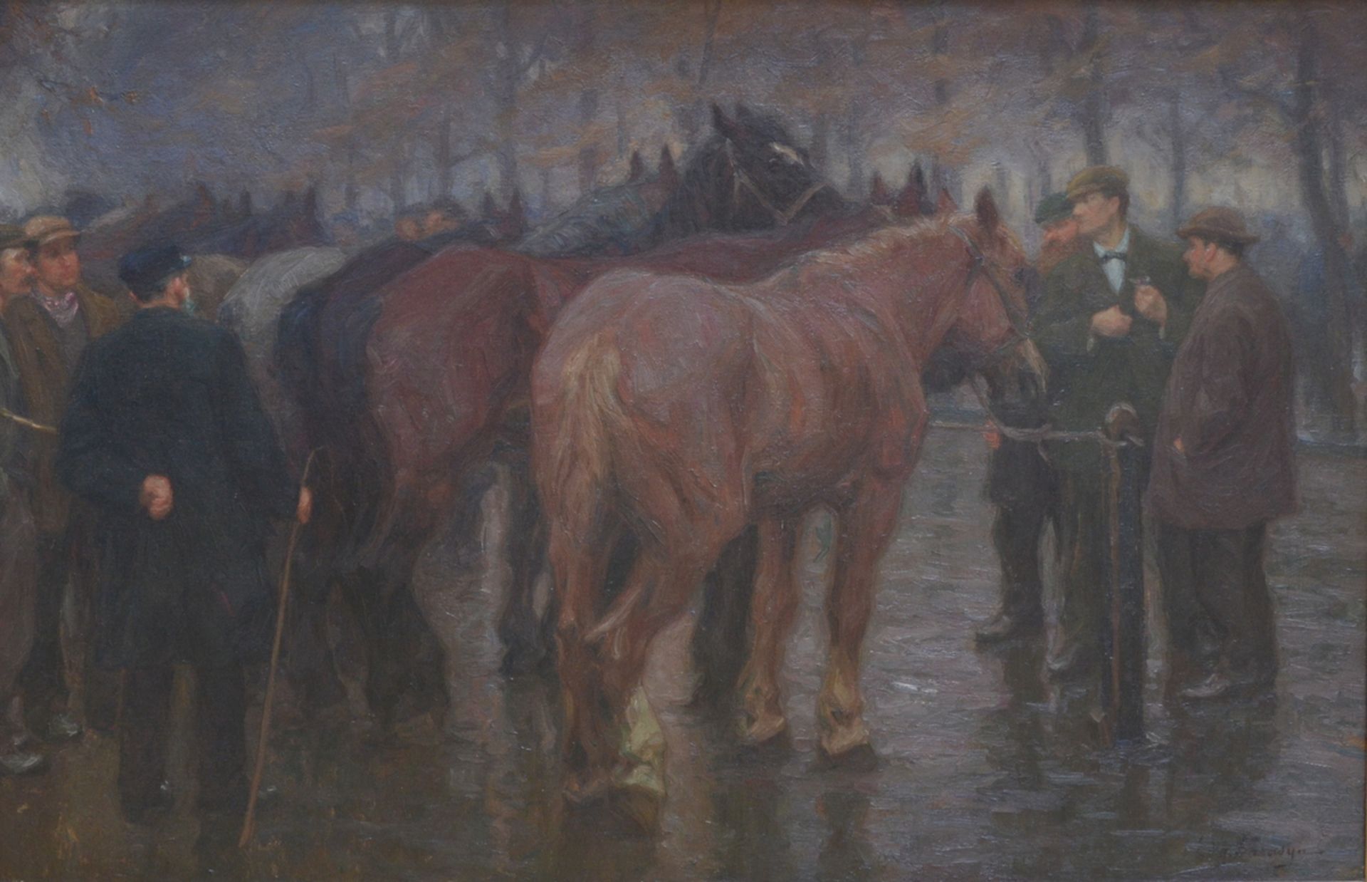 Edgar Farasijn: painting (o/c) 'horse market' (70x108 cm)