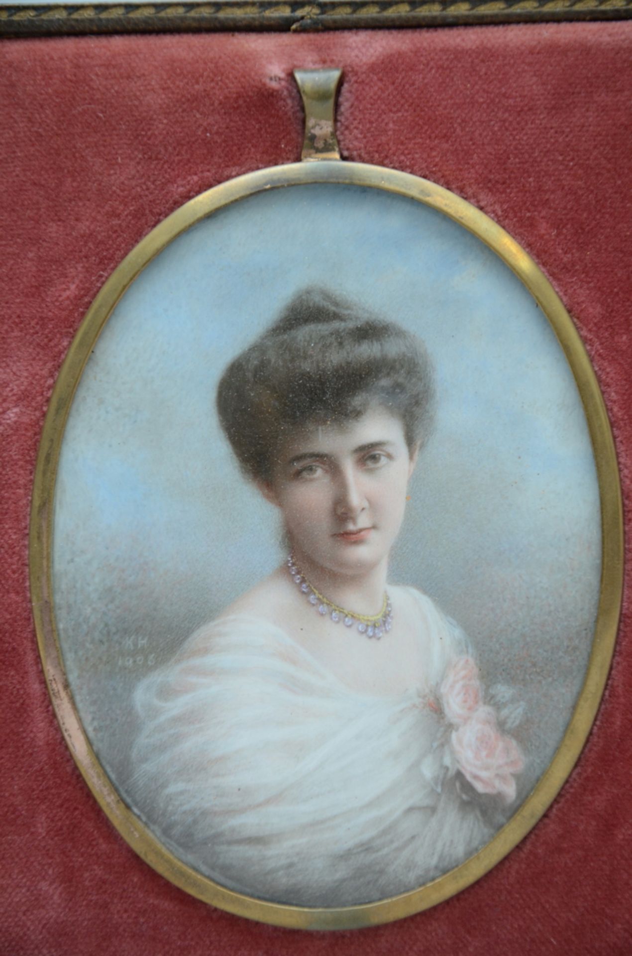 Kate Harris 1906: miniature 'lady portrait' with leather case (10x8 cm) - Image 2 of 3