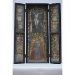 A triptych reliquairy with wax and textile fragments, 17th - 18th century (open 66x50 cm)
