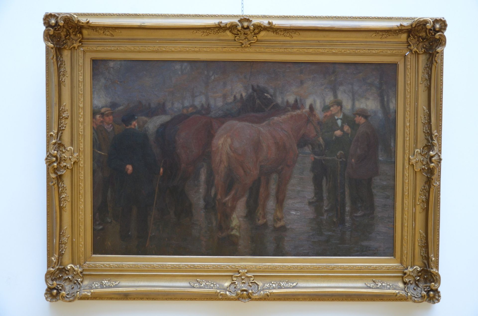 Edgar Farasijn: painting (o/c) 'horse market' (70x108 cm) - Image 2 of 5