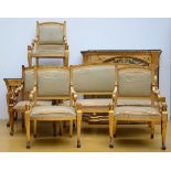 A gilded Empire style ensemble: table (77x116x72cm) display case (122x142x42cm) sofa (