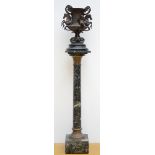 Lot: green marble pedestal with vase in pewter 'horses' (h112 & 49cm) (*)