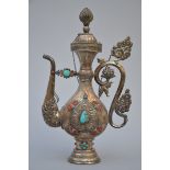 Tibetan silver ewer inlaid with lapus, coral and turquoise (47 cm)