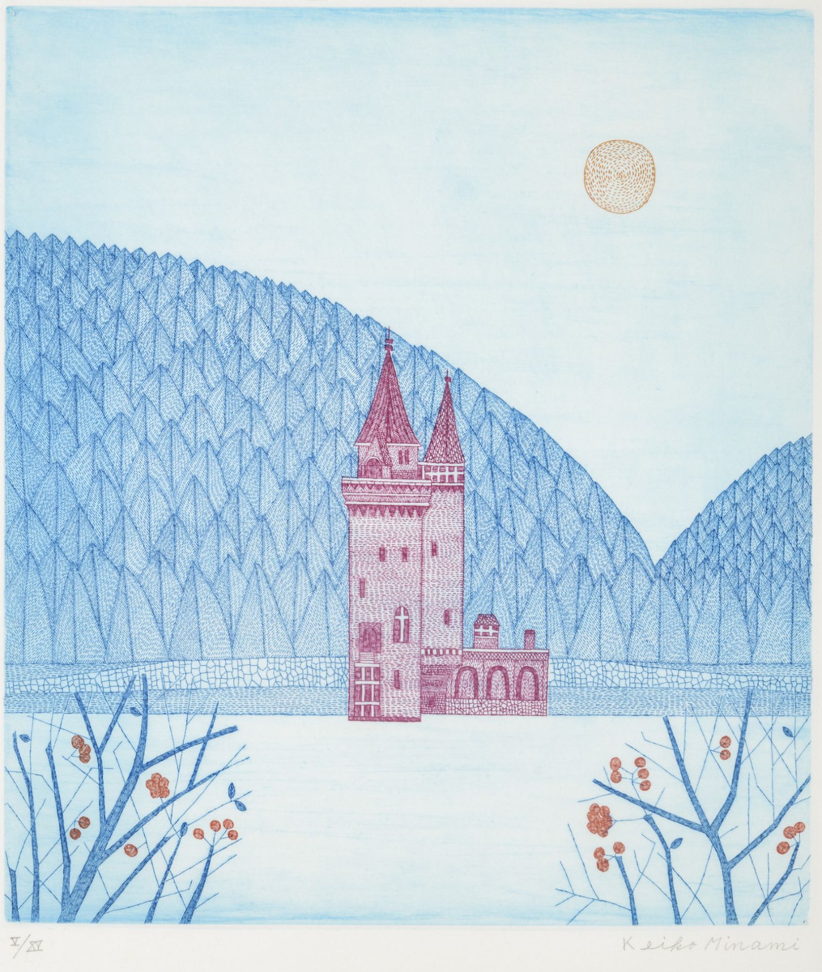 Keiko Minami: lithogravure (V/XV) 'castle' (plate 32x28.5 cm)