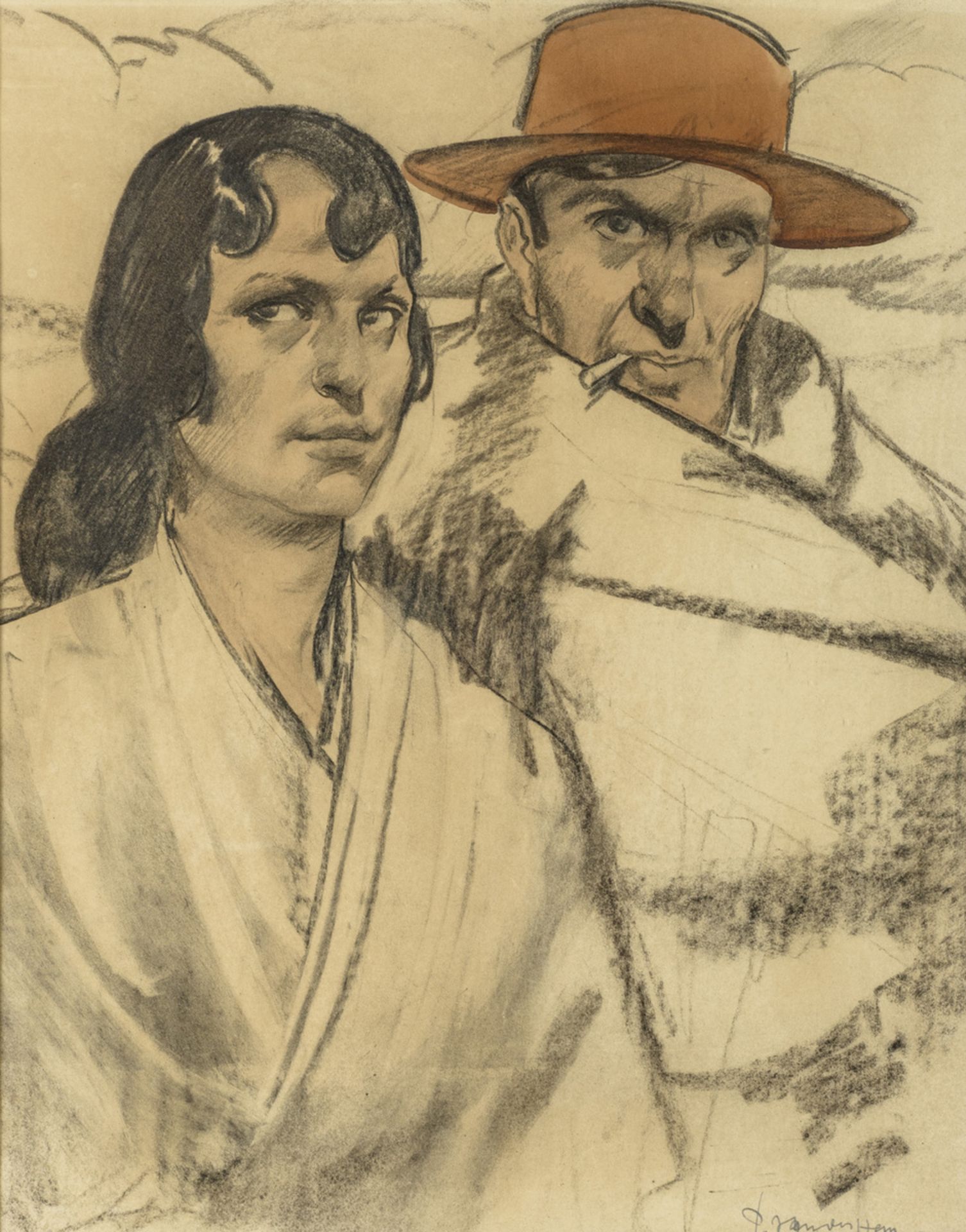 Pieter Van Der Hem: drawing 'Spanish couple' (48x37 cm)