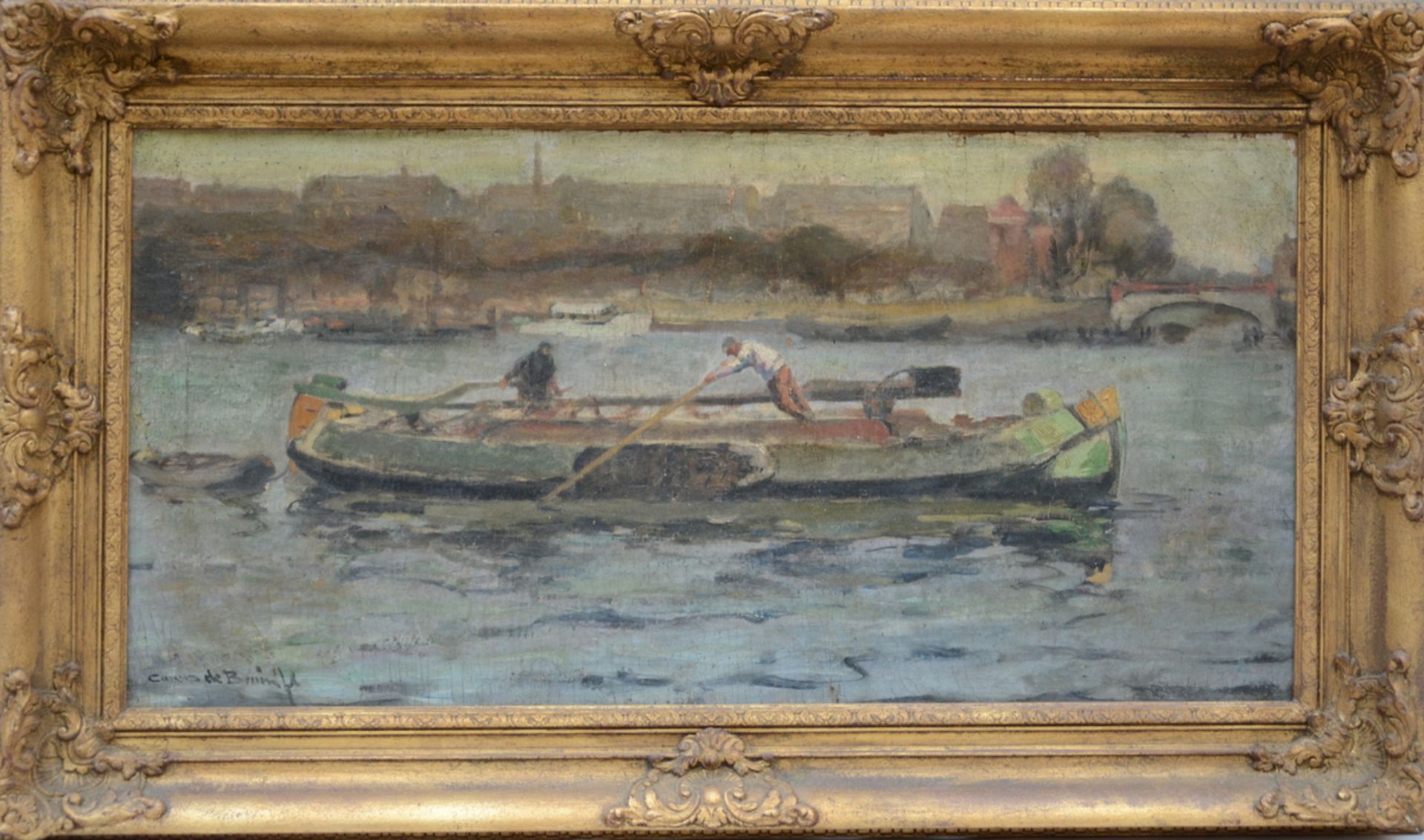 Cornelis De Bruin: painting (o/c) 'flat boats' (40x80 cm)