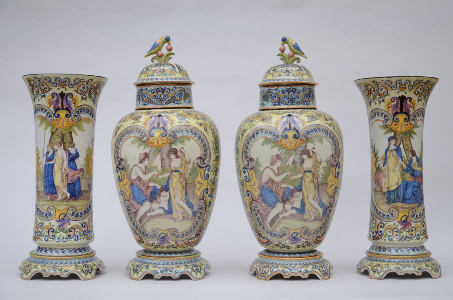 Large four-piece set in Desvres faience by Jules Fourmaintraux (73cm and 60cm) (*)