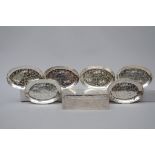 An engraved silver box with 6 dishes, Japan (7x22x14 cm) (12x18,5 cm)