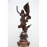 Exceptional, large statue in bronze on a red marble base 'Lady Liberty' with inscription "E pluribus