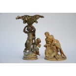 Lot: bronze statue 'shepherd' and bronze pedestal 'putto' (27x20x16)(40x26)