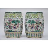 A pair of stools in Chinese famille rose porcelain 'warriors', 19th century (48x32 cm) (*)