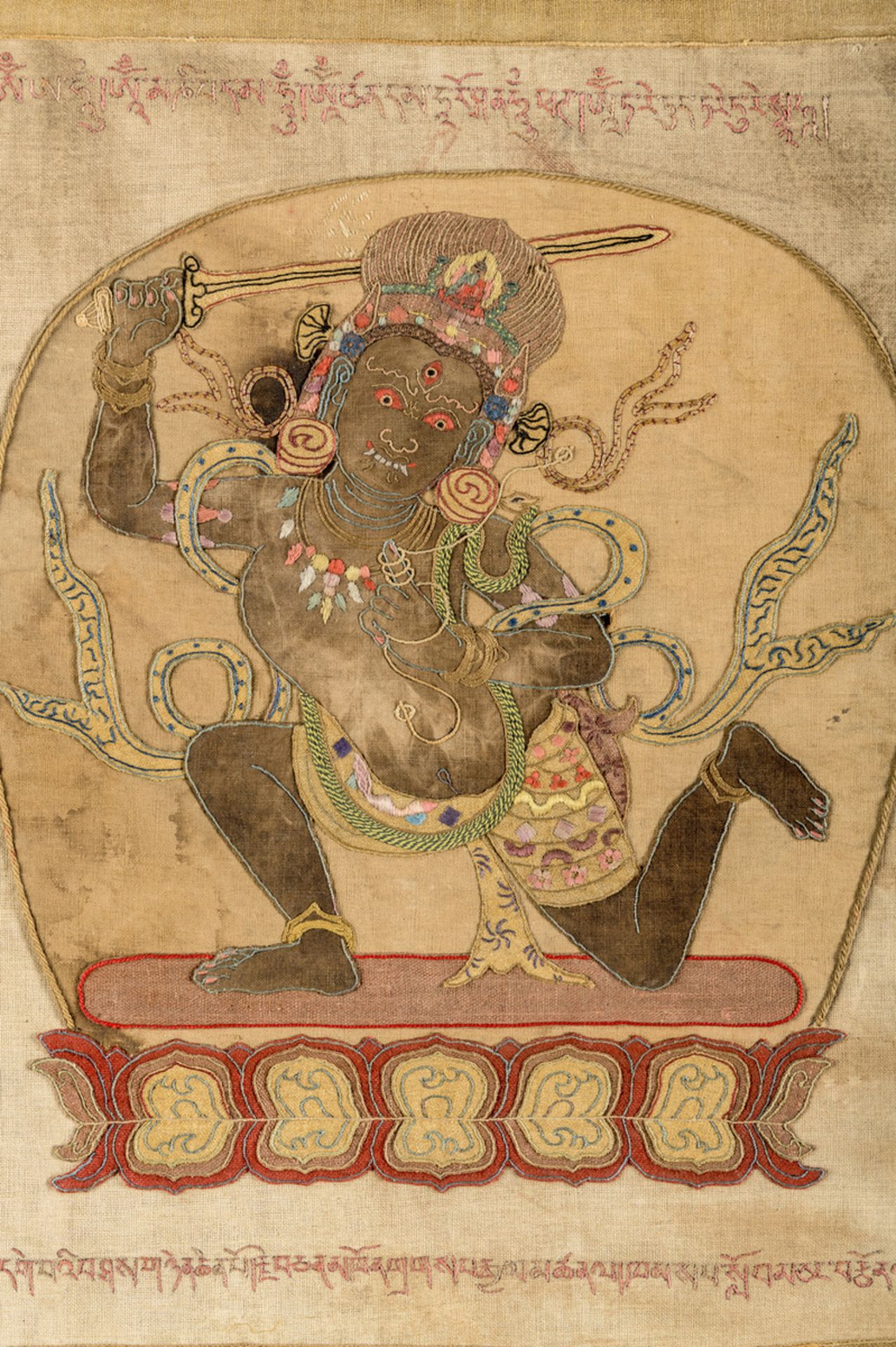 A rare silk appliqué thangka 'Achala', inscriptions (63x46 cm) - Image 3 of 10