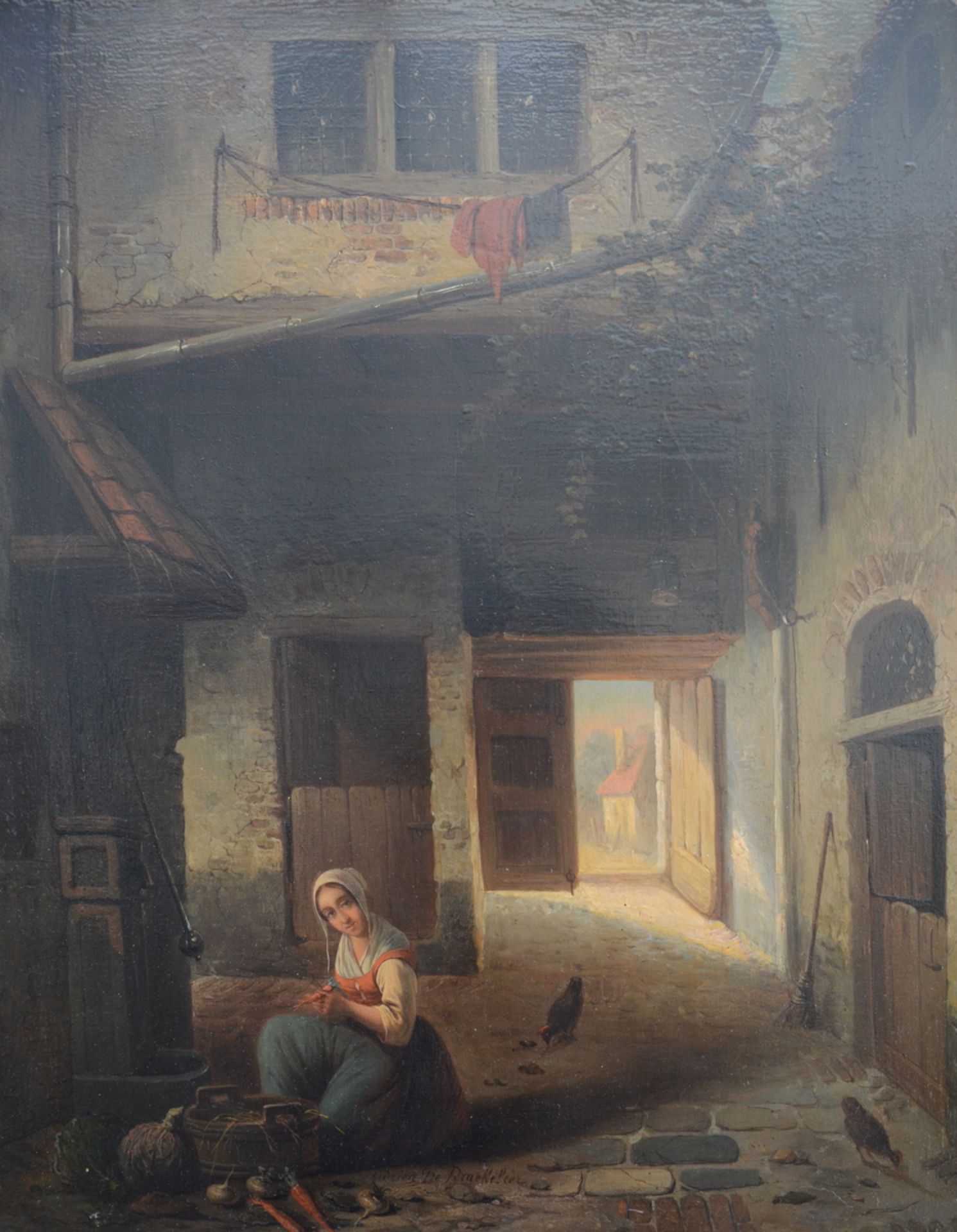 Adriaan De Braekeleer: painting (o/p) 'lady in a courtyard' (44x36cm)