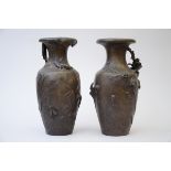Two art nouveau vases in zamack, signed Moreau (h44cm) (*)