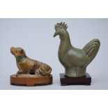 Lot: dog in Chinese pottery (7x10cm) and a rooster in celadon stoneware (12x12cm) (*)