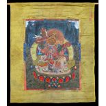 A silk appliquÈ thangka 'Jambhala' (h66x51cm)