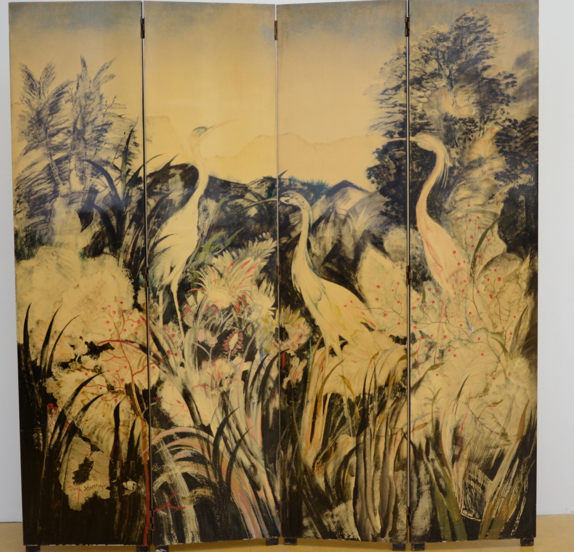 Albert Saverijs: 4-piece folding screen 'birds' (170x160cm)
