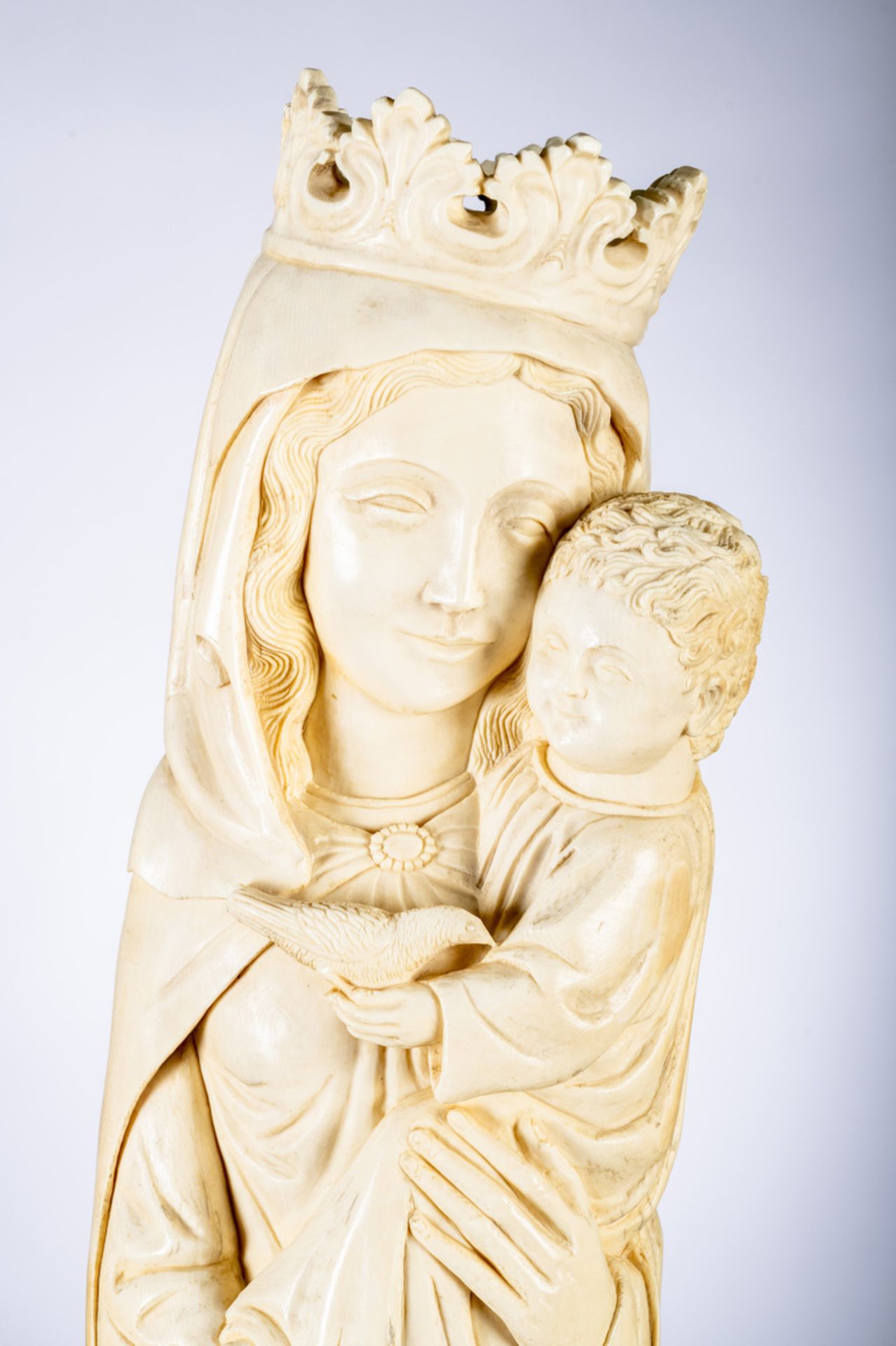 A large gothic revival ivory sculpture 'Madonna and Child', circa 1900 (total height 94cm) - Image 2 of 4