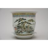 A planter with dish in Chinese porcelain 'landscape' (h32x37cm) and (dia 36cm)