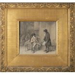 Jean-Baptiste Madou (monogram): drawing and gouache 'gentlemen at the table' (27x31cm)