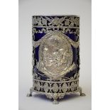 Louis XVI style vase in solid silver with blue glass (h17x9cm)