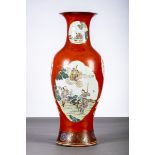 A Chinese porcelain vase with coral red ground 'Lao Tse', marked (58.5 cm)