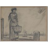 EugËne Van Mieghem (attributed to): pencil drawing with studio stamp 'fisherman's wife' (h23x31cm)