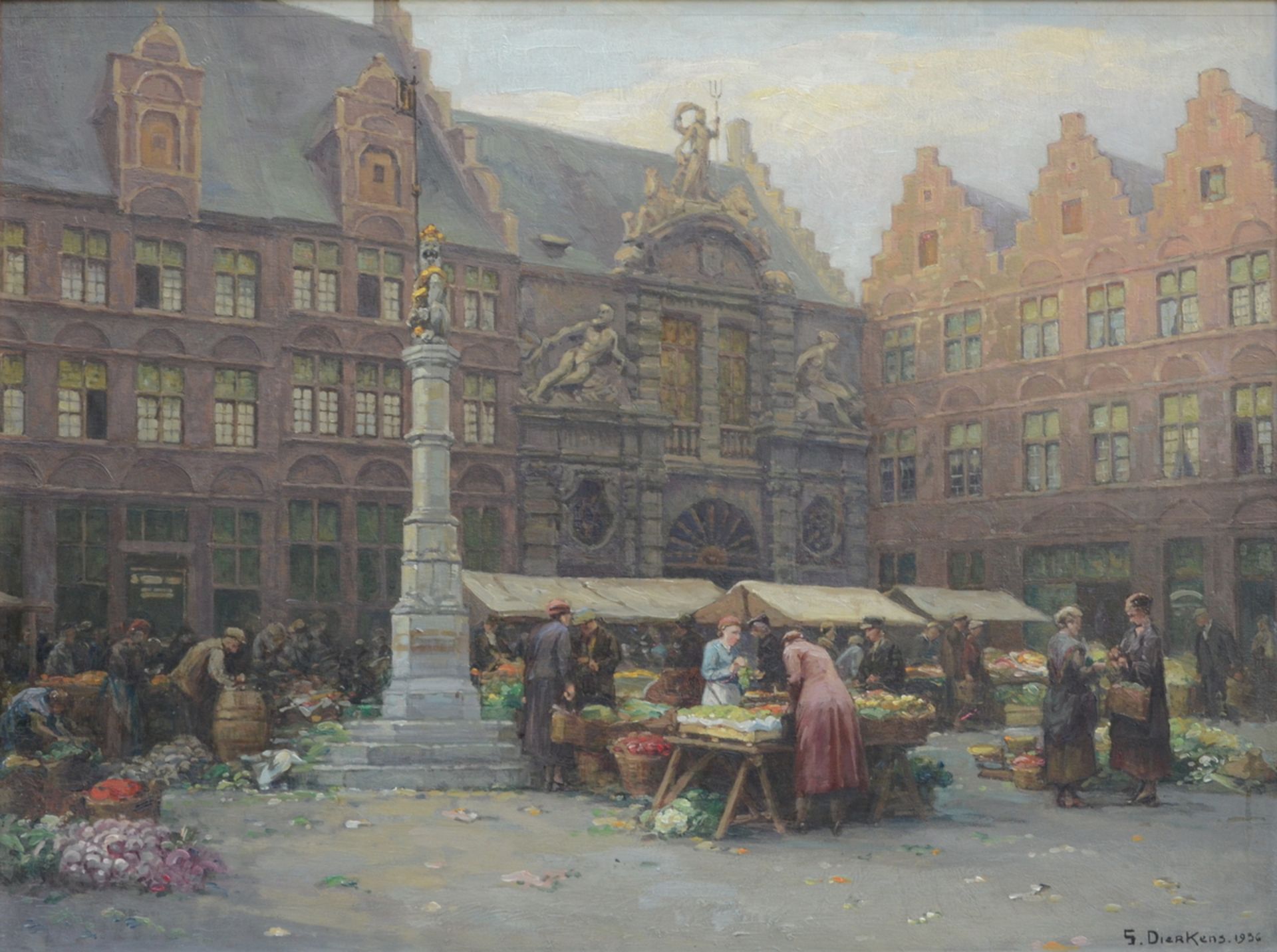 G. Dierkens: painting (o/p) 'view of the Ghent fish market' (61x82cm)