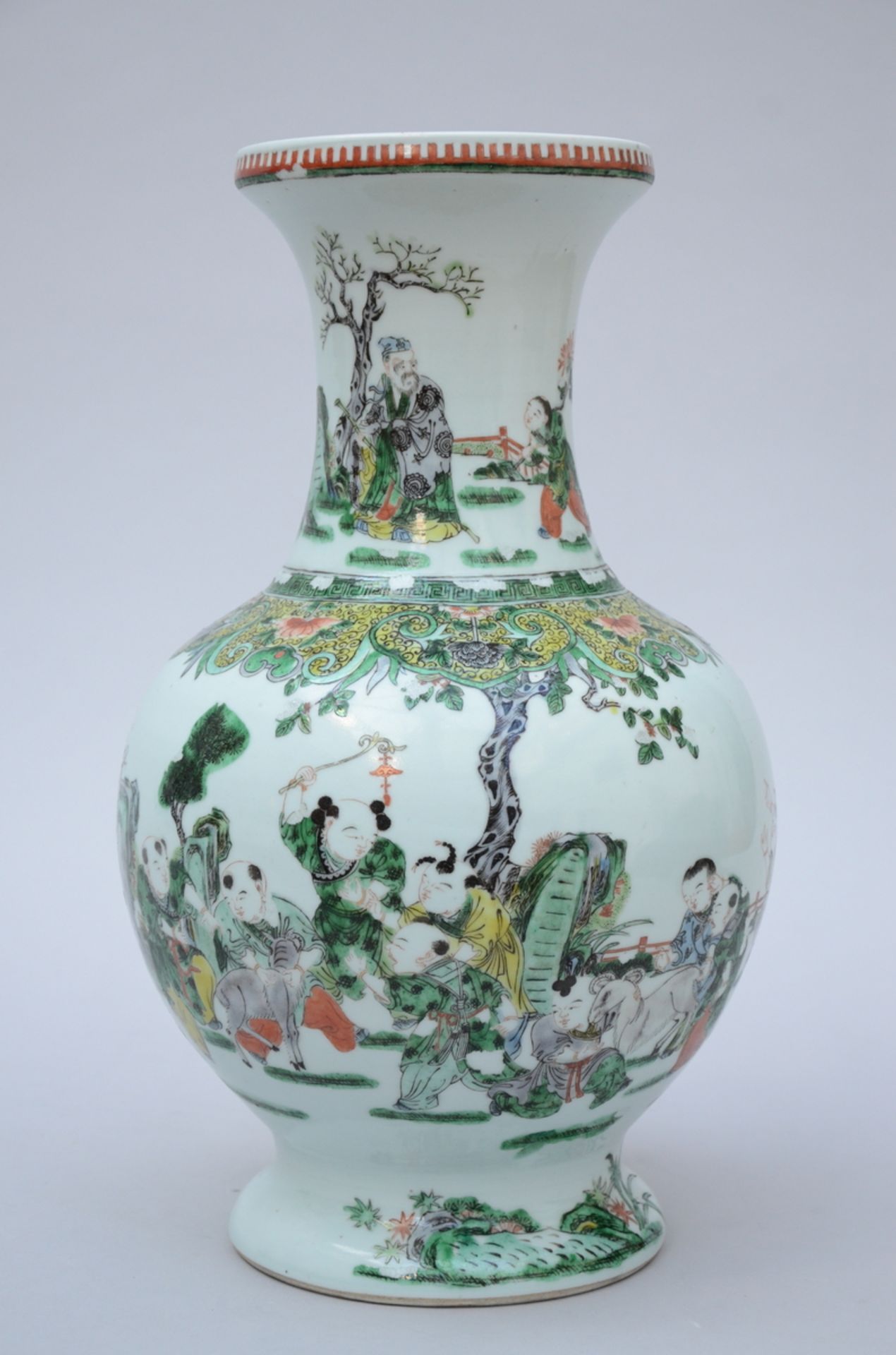 A Chinese famille verte porcelain vase 'playing children and rams', marked (h41.5cm) (*)