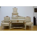 Louis XVI style salon consisting of a sofa, 2 seats, 4 chairs and a table (table 75x116x73cm)