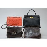 Lot consisting of 4 handbags: Hermes 'Kelly' in black croco (25x22x12cm) (*) a handbag ?Chanel? (