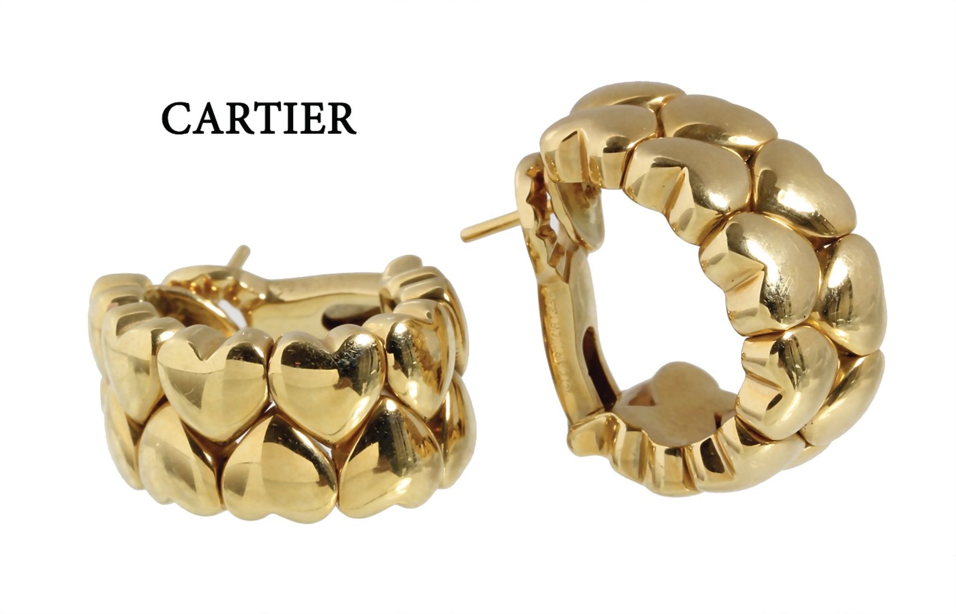 hoop earrings (clip with pin), CARTIER 1994, double hearts, yellow gold 750/000, signed G ...