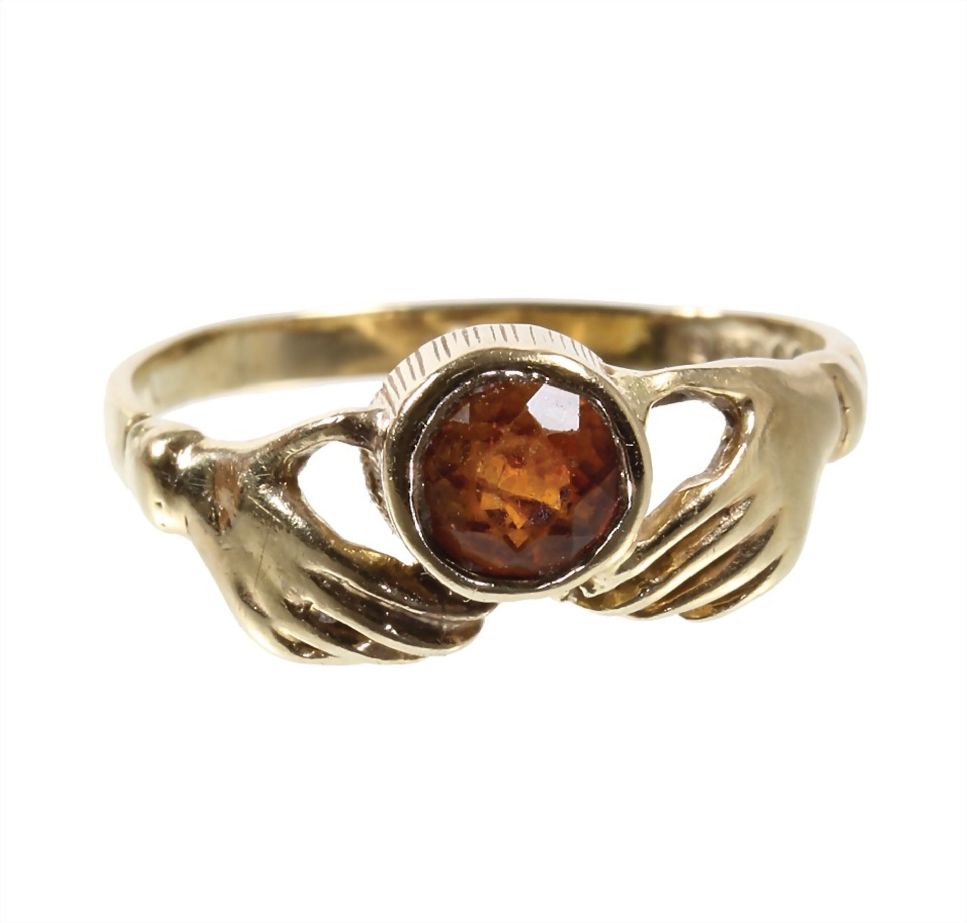ring, ENGLAND middle of the 20th century, 375/000, two hands holding a stone (Madaira topaz ...