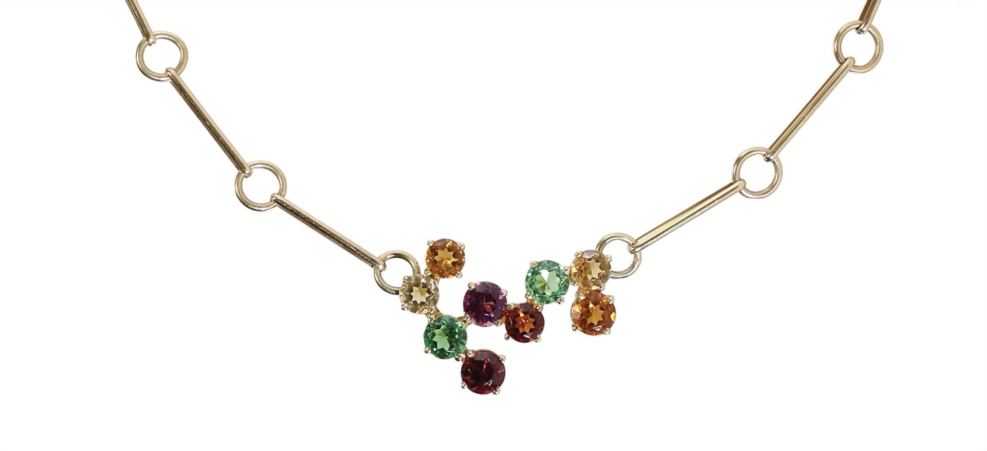 necklace, yellow gold 585/000, 9 varicolored garnets (Zavorit, almandine, Mali garnets) c. 4,8 ...