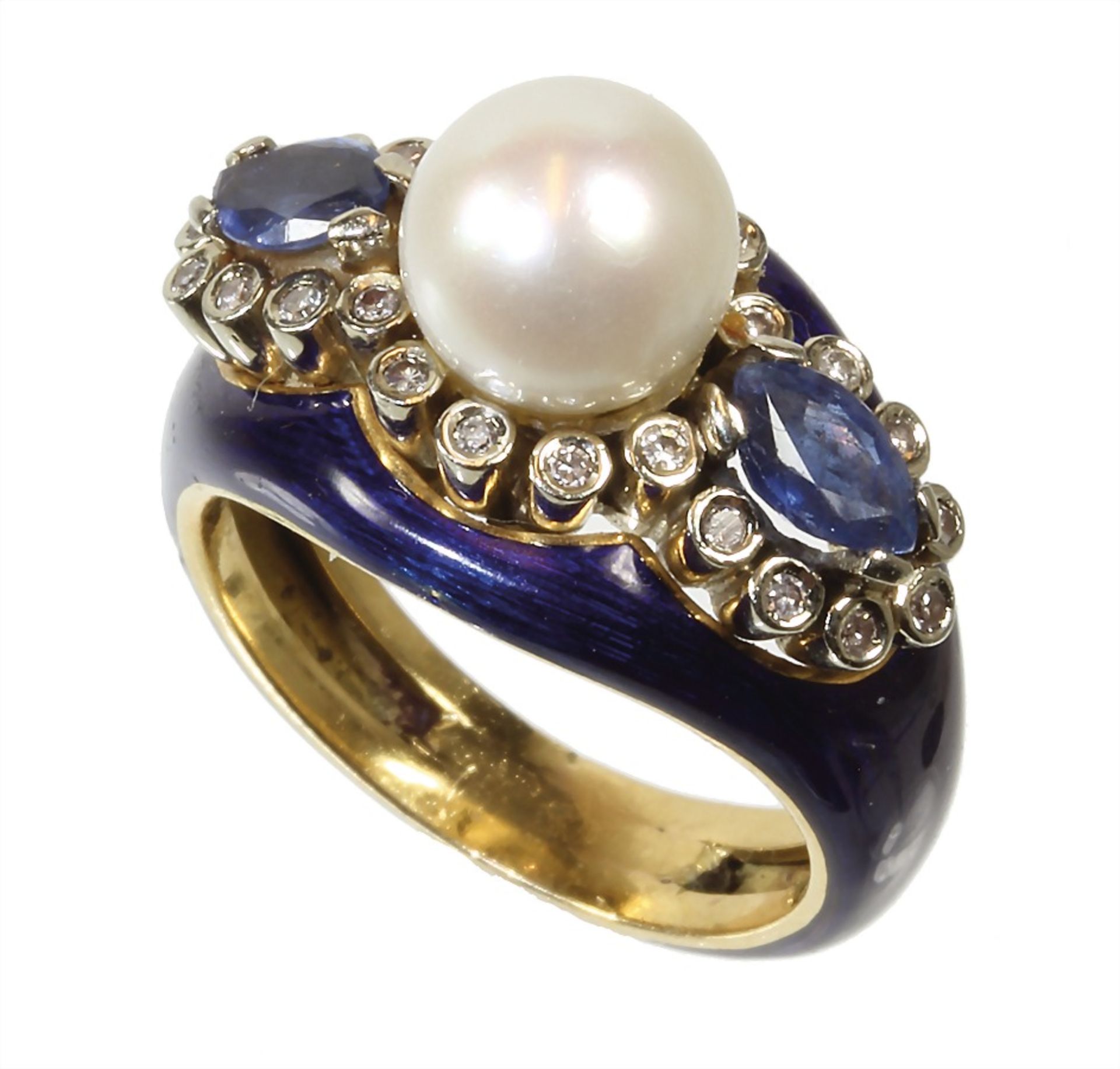 ring Asia, yellow gold 800/000, central Akoya pearl diameter = 7.8 mm, 2 sapphires in navet c. ...