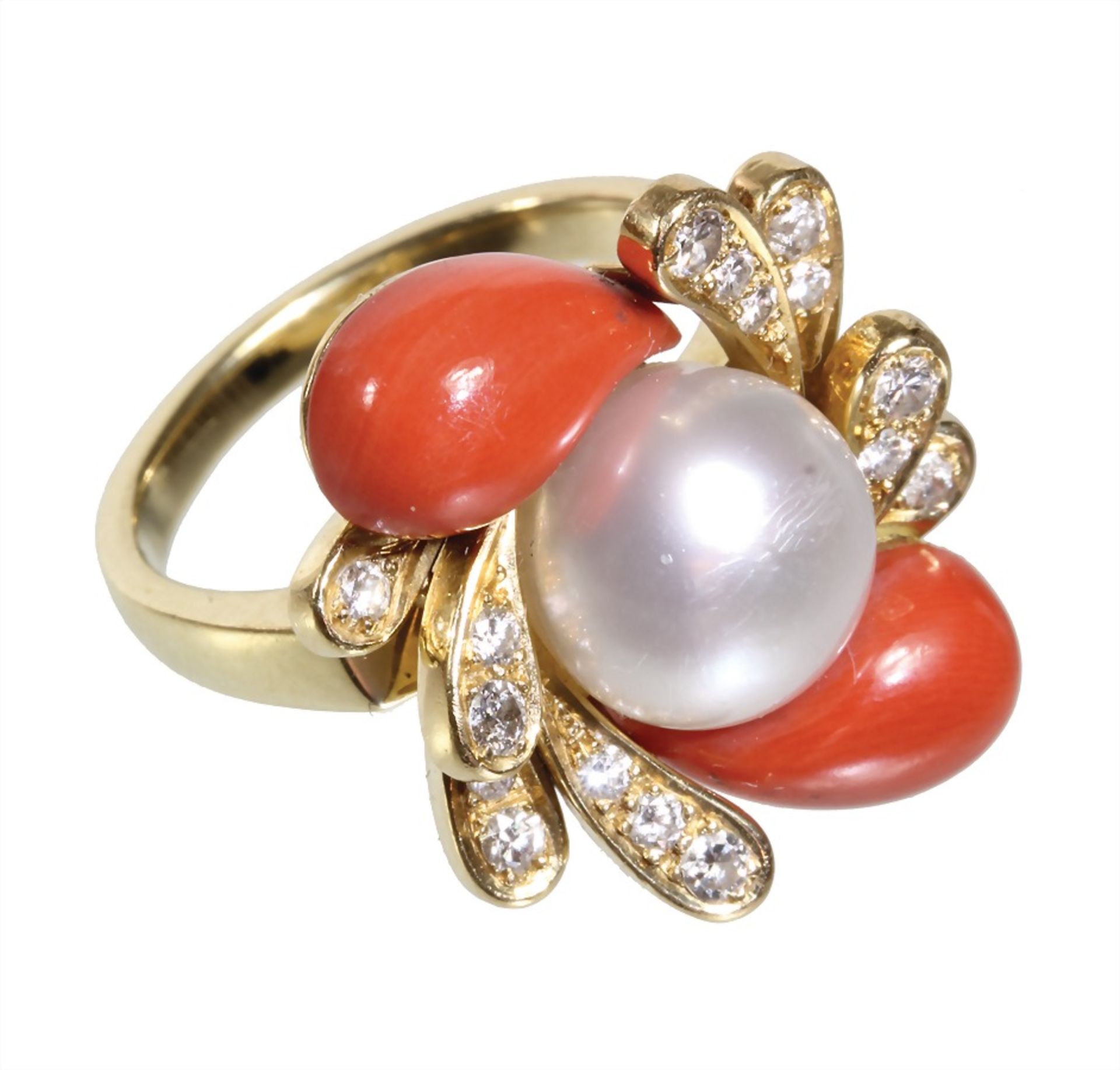 decorative ring, yellow gold 750/000, central freshwater pearl diameter = 10.3 mm, 16 ...