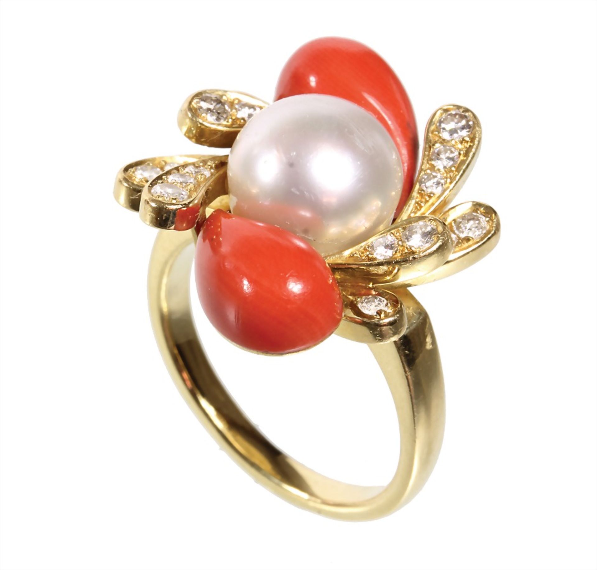decorative ring, yellow gold 750/000, central freshwater pearl diameter = 10.3 mm, 16 ... - Image 2 of 2