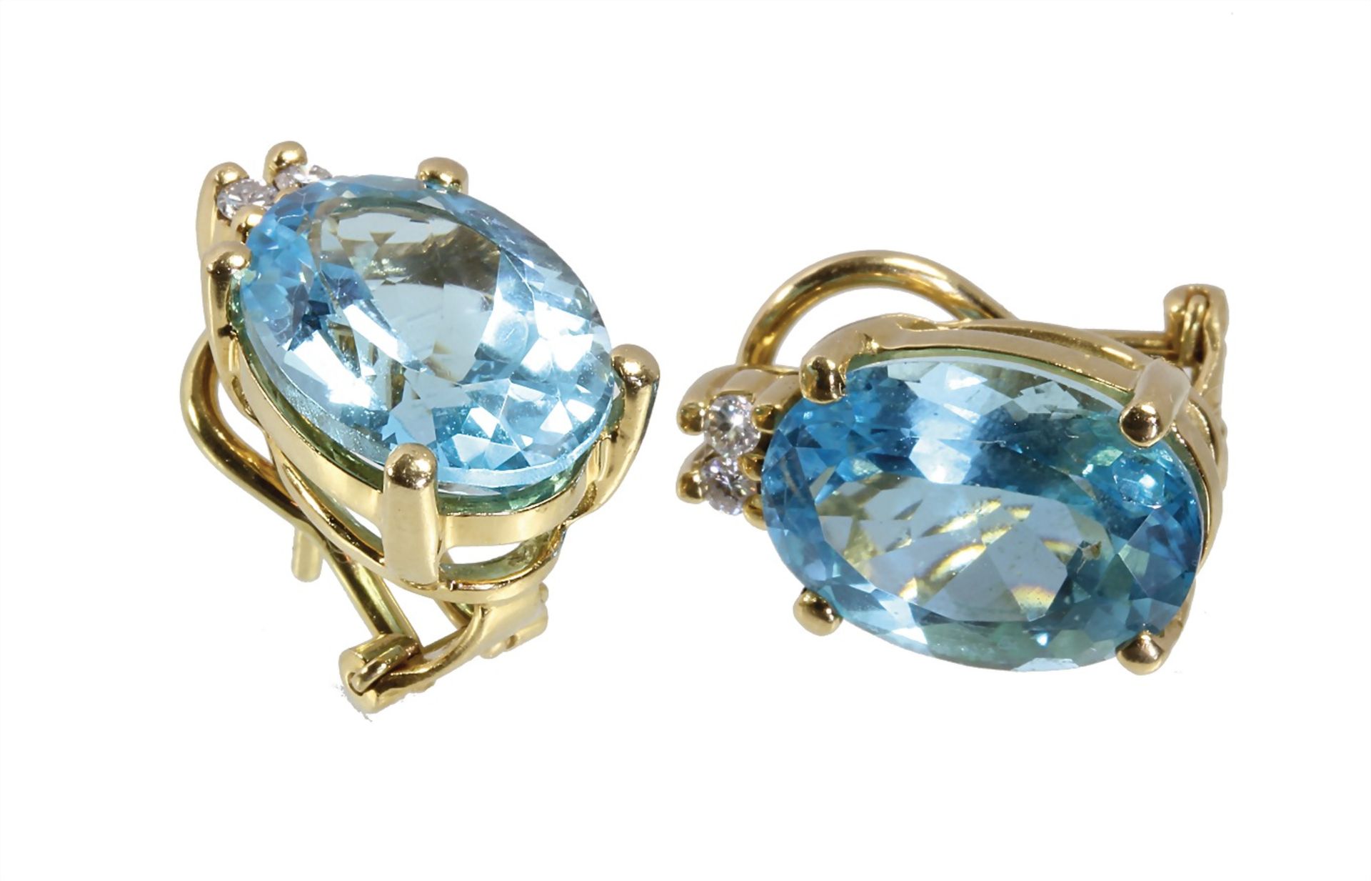 ear clips (with pin), H. STERN, yellow gold 750/000, 2 blue topazs c. 14,09 ct (facet), 4 ...