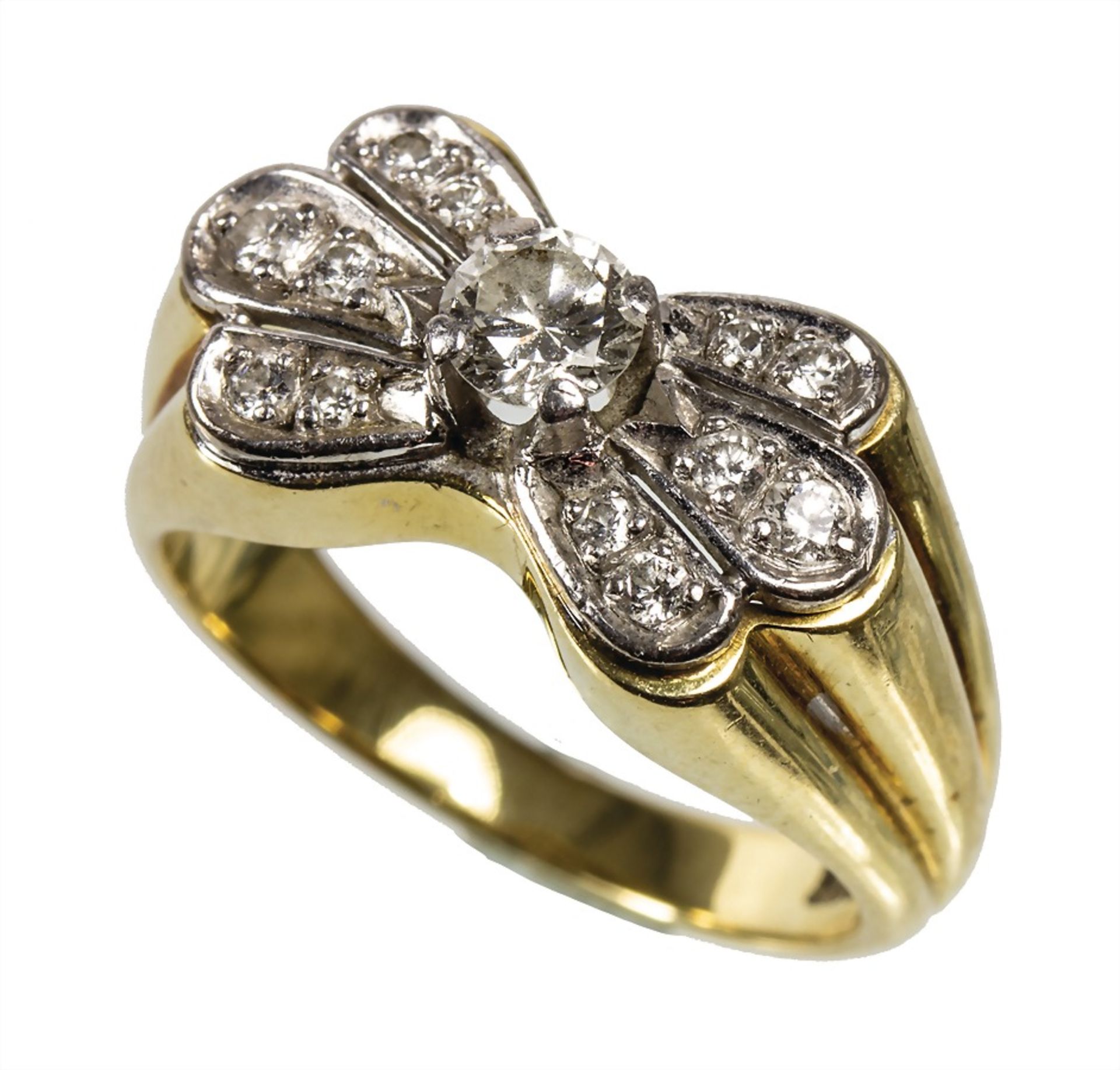 ring, yellow gold 585/000, 1 central brilliant c. 0.27 ct tw/w-vsi/si, at the side 12 more ... - Image 2 of 2