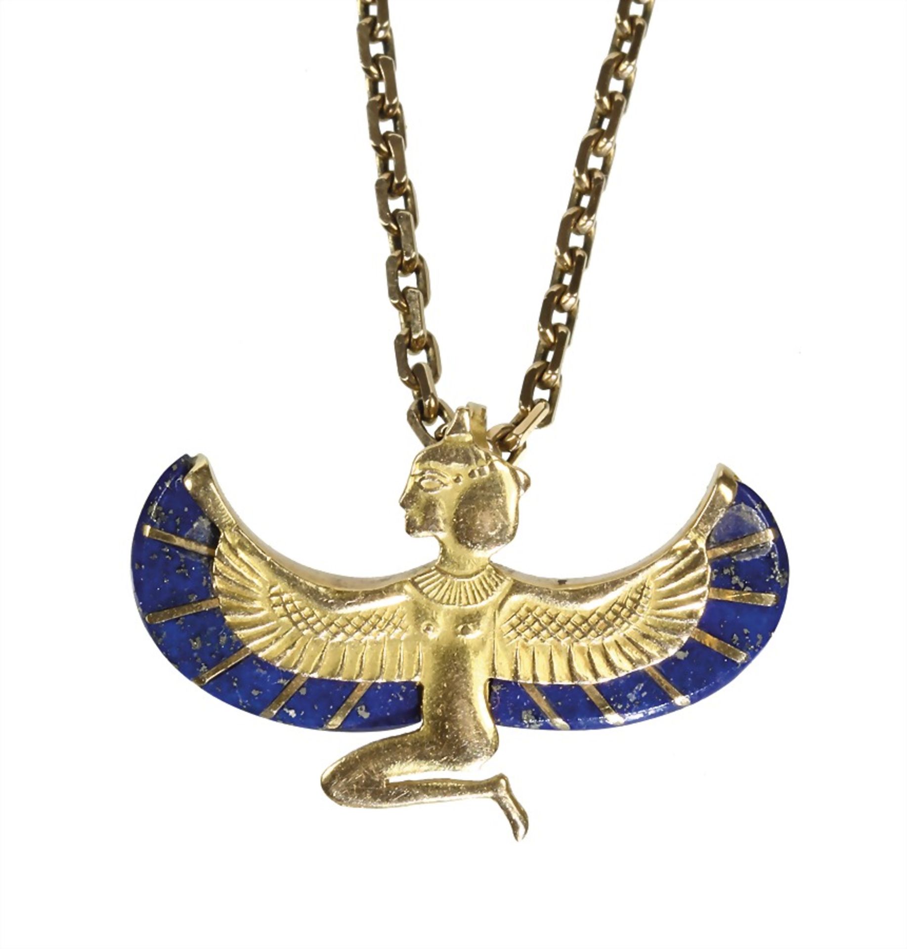 pendant ISIS, yellow gold 750/000 (checked), goddess relieflike, lapis lazuli with gold ...