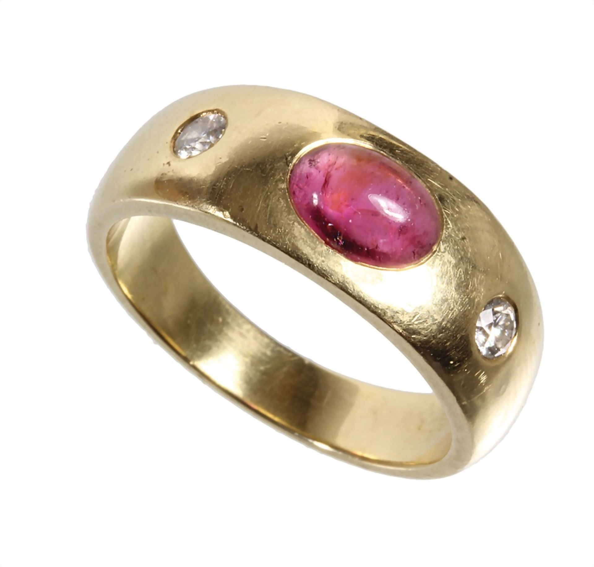 Ring, GG 750/000, 1 Turmalincab. ca. 7,5 x 5,5 mm, 2 Brillanten 0,20 ct tw-vsi, RW ca. 59,5