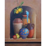 Lena Dimova (Greek/Russian), still life with parrot, acrylic on panel, 80 x 54 cm.